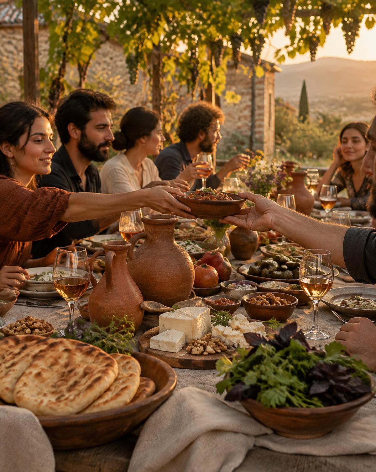 Friends passing dishes along a long outdoor table under a vine pergola, laid with bread, cheese, herbs and amber wine