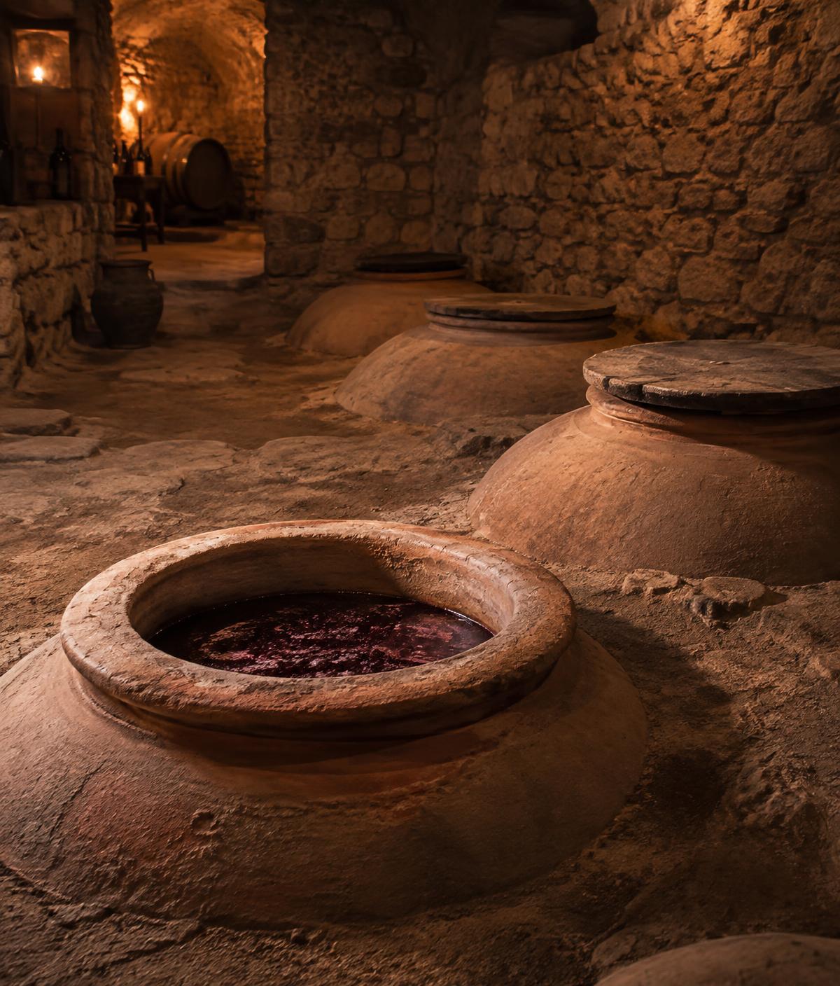 Clay qvevri vessels set into the earthen floor of a stone wine cellar