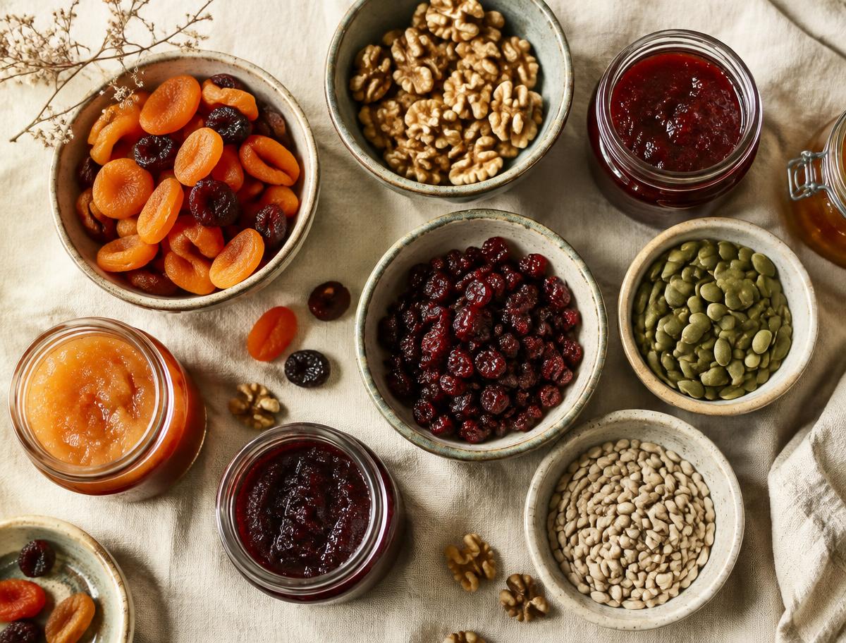 Bowls of dried fruits, walnuts and seeds with jars of fruit preserves on linen