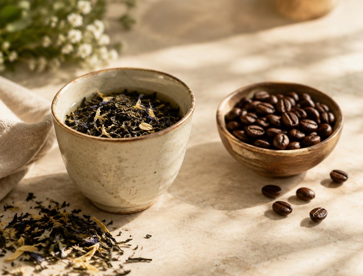 Loose leaf tea in a ceramic cup beside a bowl of roasted coffee beans