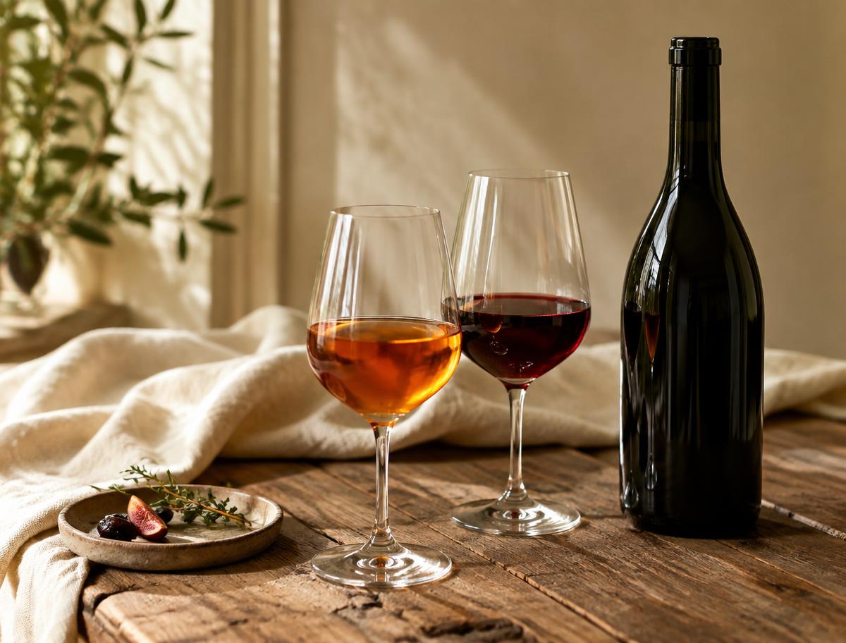 Two glasses of amber and red wine beside an unlabelled bottle on a wooden table