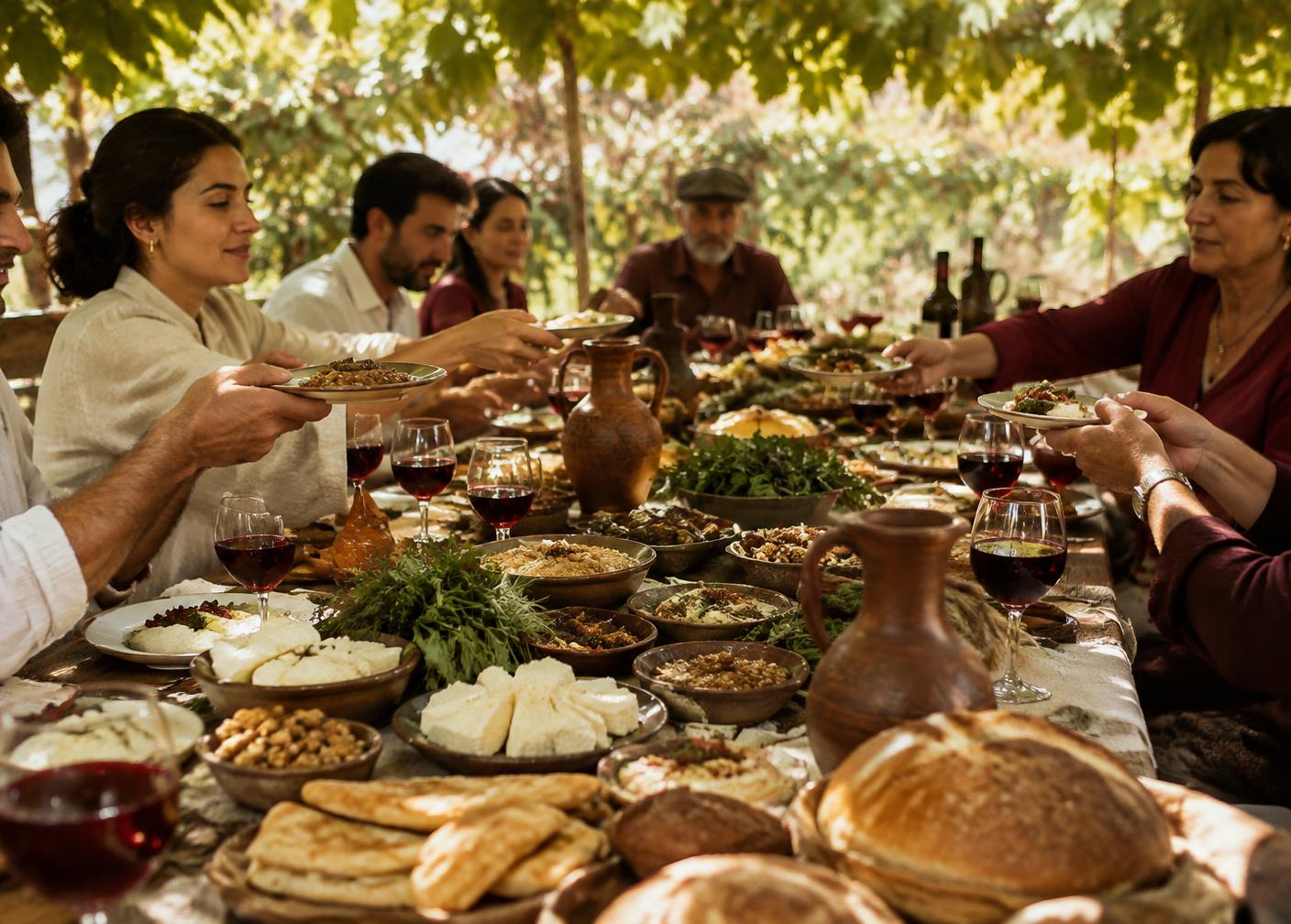People passing dishes across a long outdoor table laid with bread, cheese, herbs and wine