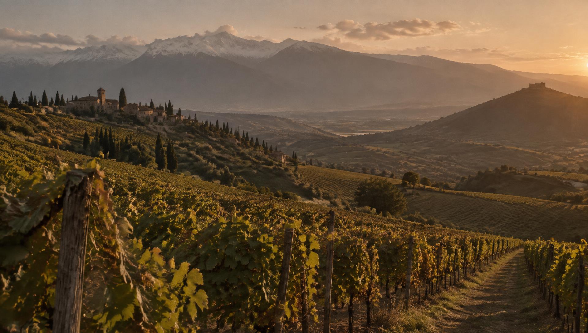 Vineyard rows rolling across hills towards snow-capped mountains at sunset